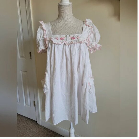 For Love and Lemons Tea Time Babydoll Cotton Mini white pink Dress size L - Picture 3 of 8
